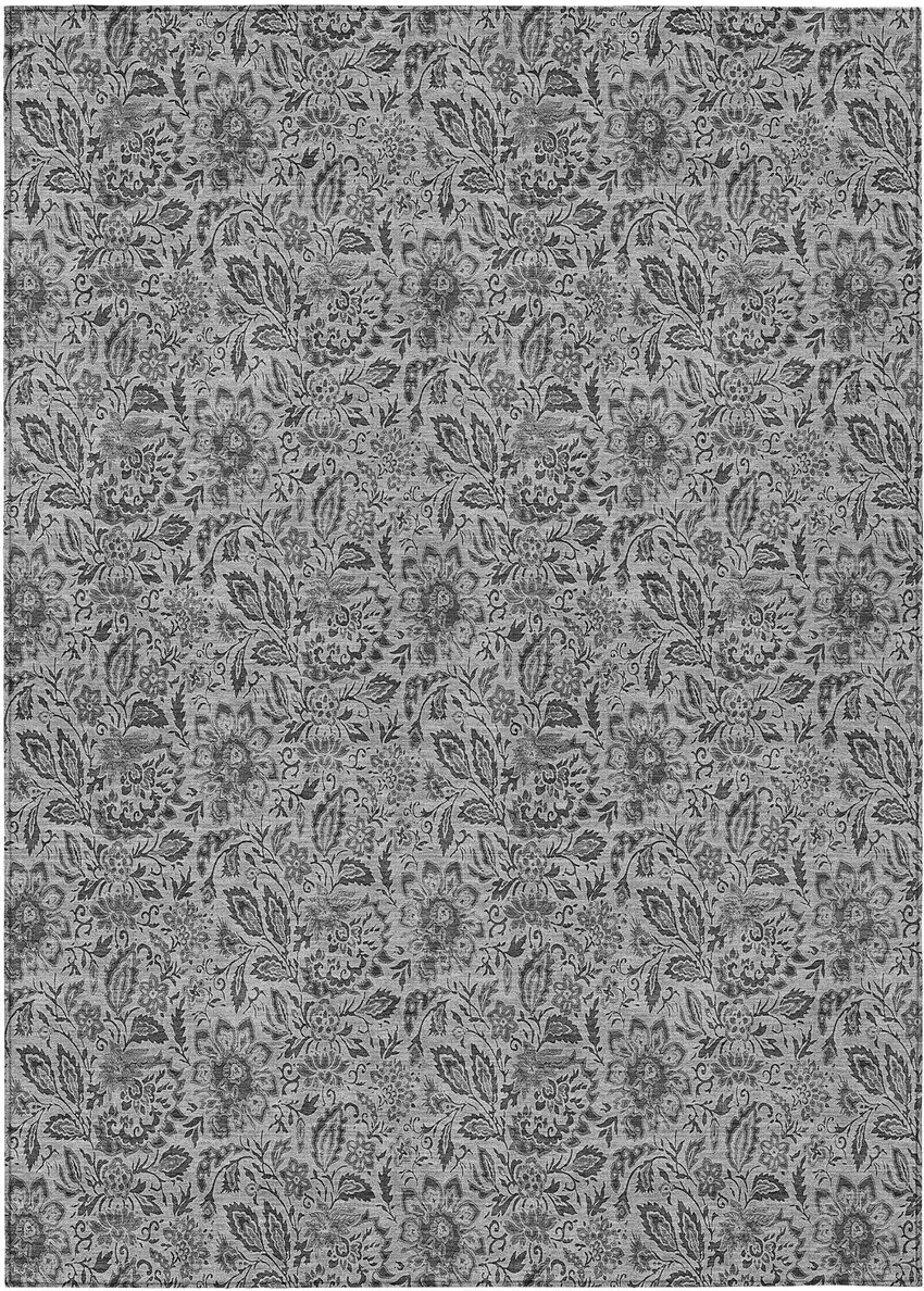 Gray Silver And Charcoal Floral Washable Indoor Outdoor Area Rug Photo 2