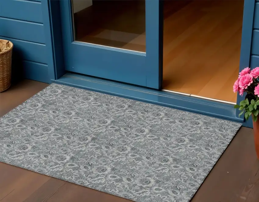 Gray Silver And Charcoal Floral Washable Indoor Outdoor Area Rug Photo 1