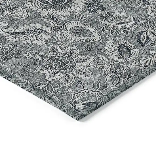 Gray Silver And Charcoal Floral Washable Indoor Outdoor Area Rug Photo 4