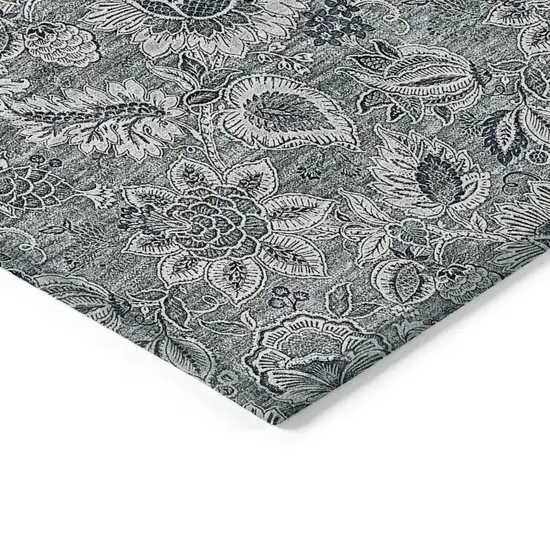 Gray Silver And Charcoal Floral Washable Indoor Outdoor Area Rug Photo 4