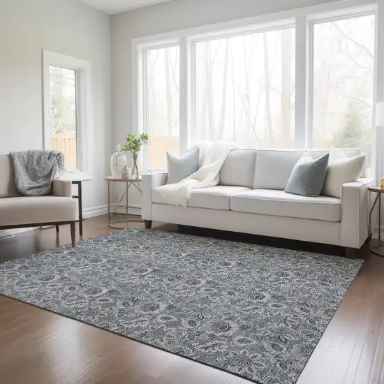 Gray Silver And Charcoal Floral Washable Indoor Outdoor Area Rug Photo 9