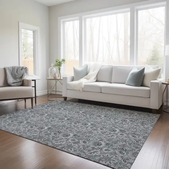 Gray Silver And Charcoal Floral Washable Indoor Outdoor Area Rug Photo 9