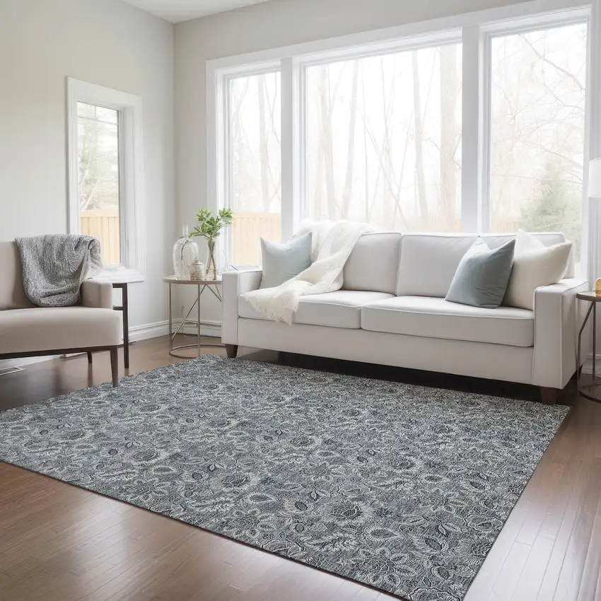 Gray Silver And Charcoal Floral Washable Indoor Outdoor Area Rug Photo 9
