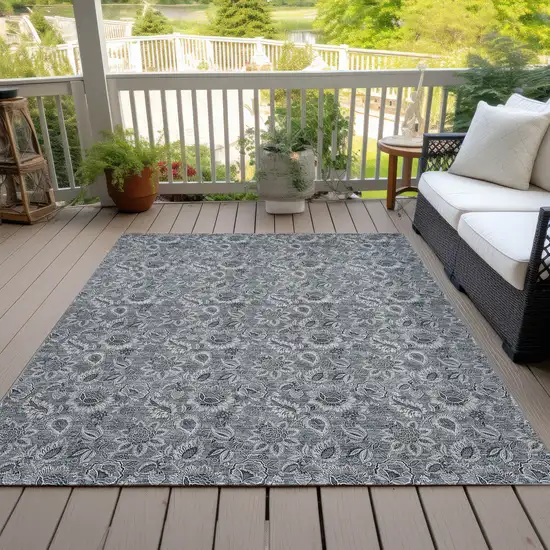 Gray Silver And Charcoal Floral Washable Indoor Outdoor Area Rug Photo 7