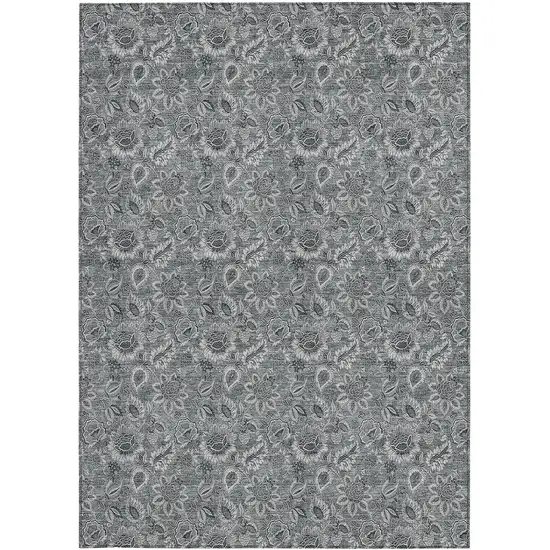 Gray Silver And Charcoal Floral Washable Indoor Outdoor Area Rug Photo 6