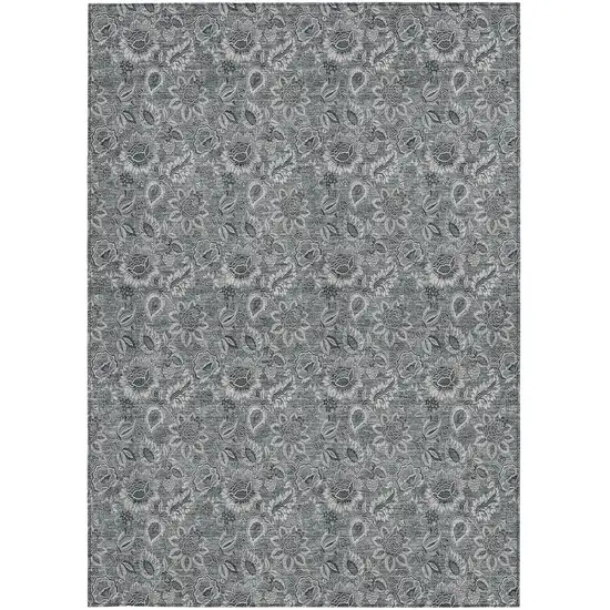 Gray Silver And Charcoal Floral Washable Indoor Outdoor Area Rug Photo 6