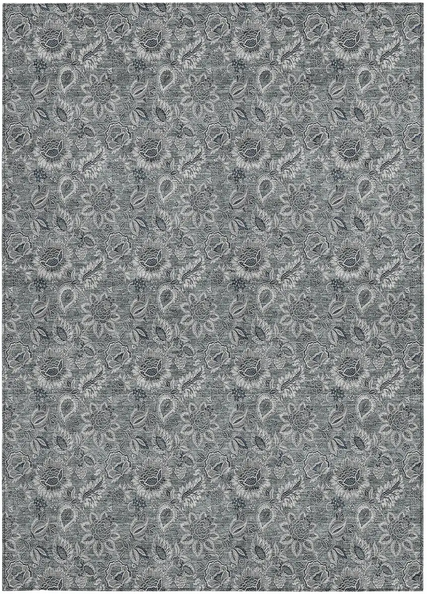 Gray Silver And Charcoal Floral Washable Indoor Outdoor Area Rug Photo 6