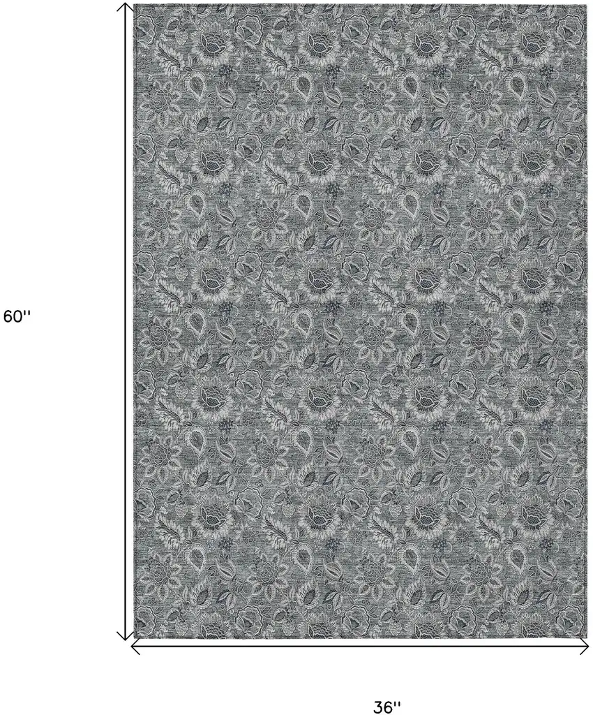 Gray Silver And Charcoal Floral Washable Indoor Outdoor Area Rug Photo 3