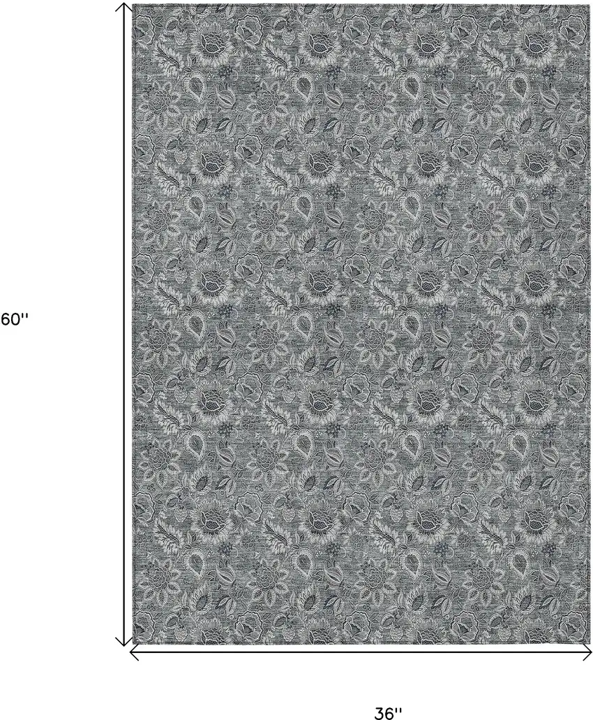 Gray Silver And Charcoal Floral Washable Indoor Outdoor Area Rug Photo 3