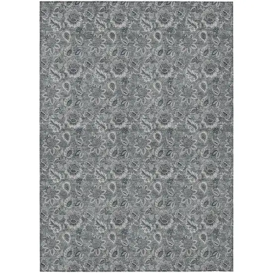 Gray Silver And Charcoal Floral Washable Indoor Outdoor Area Rug Photo 2