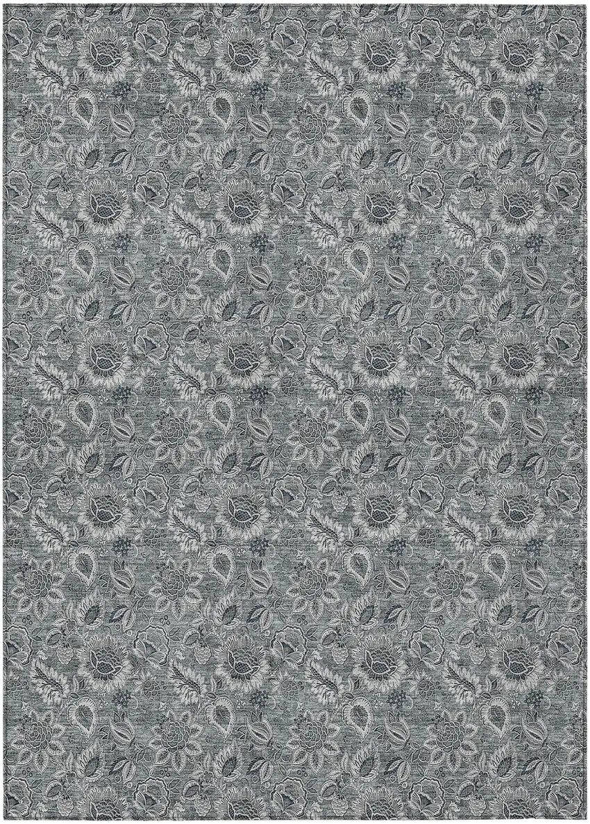 Gray Silver And Charcoal Floral Washable Indoor Outdoor Area Rug Photo 2