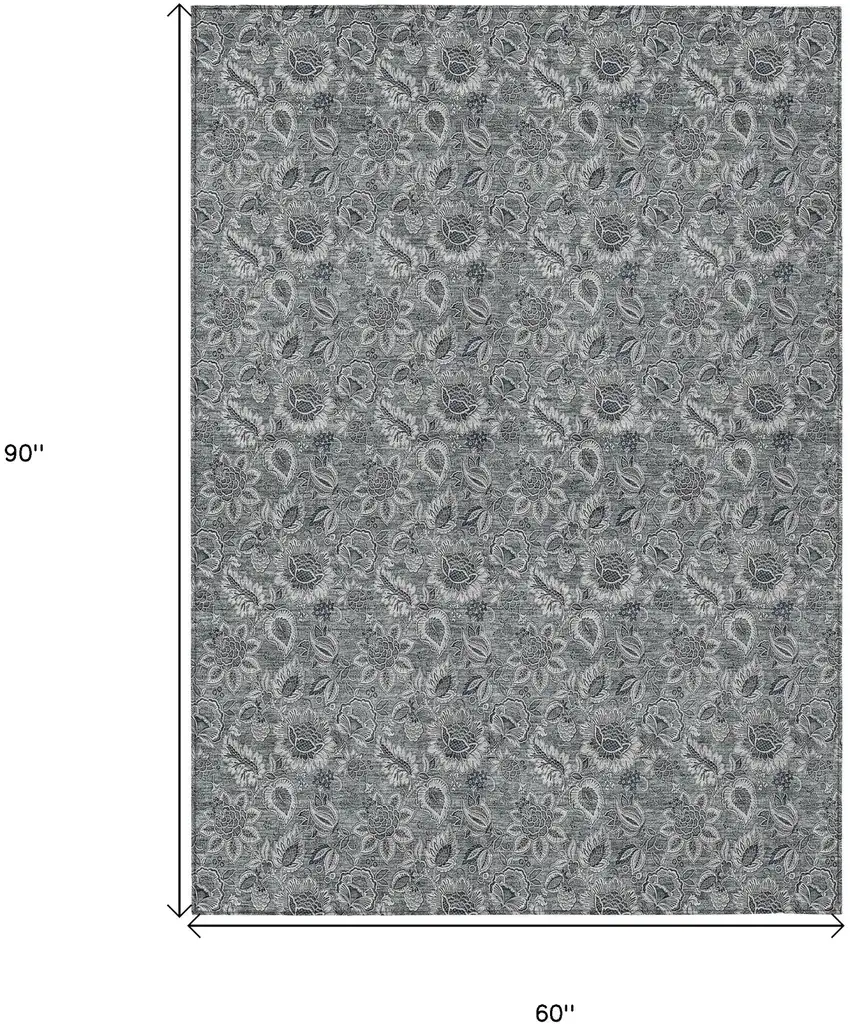 Gray Silver And Charcoal Floral Washable Indoor Outdoor Area Rug Photo 3