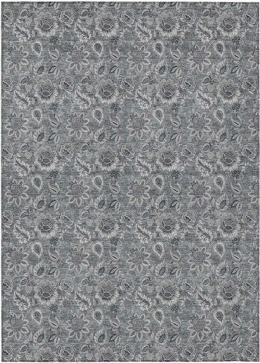 Gray Silver And Charcoal Floral Washable Indoor Outdoor Area Rug Photo 2