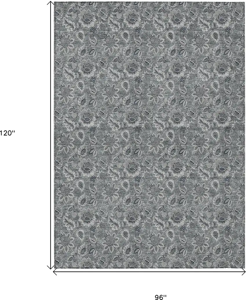Gray Silver And Charcoal Floral Washable Indoor Outdoor Area Rug Photo 3