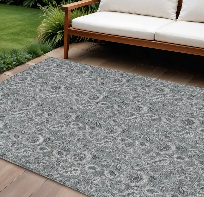Gray Silver And Charcoal Floral Washable Indoor Outdoor Area Rug Photo 1