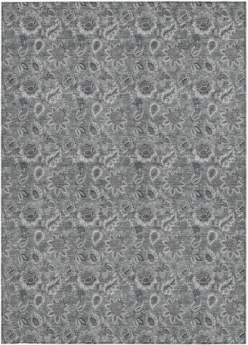 Gray Silver And Charcoal Floral Washable Indoor Outdoor Area Rug Photo 7