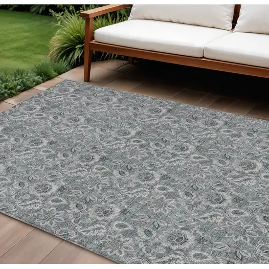 Gray Silver And Charcoal Floral Washable Indoor Outdoor Area Rug Photo 1