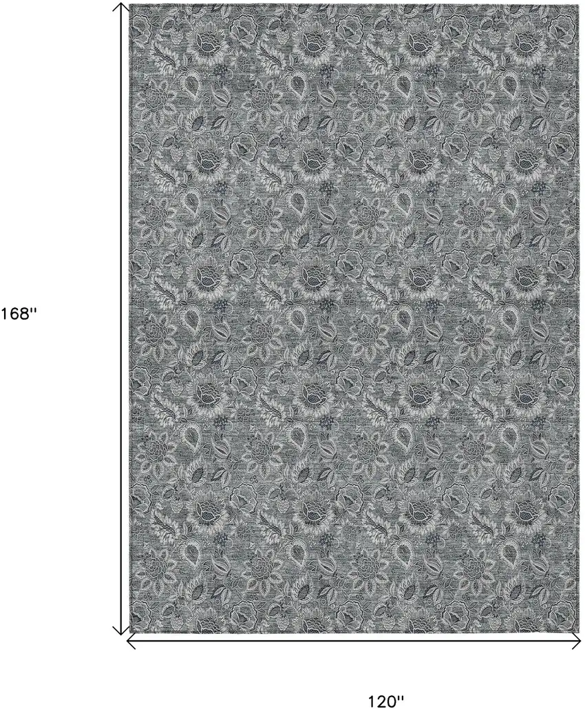 Gray Silver And Charcoal Floral Washable Indoor Outdoor Area Rug Photo 3