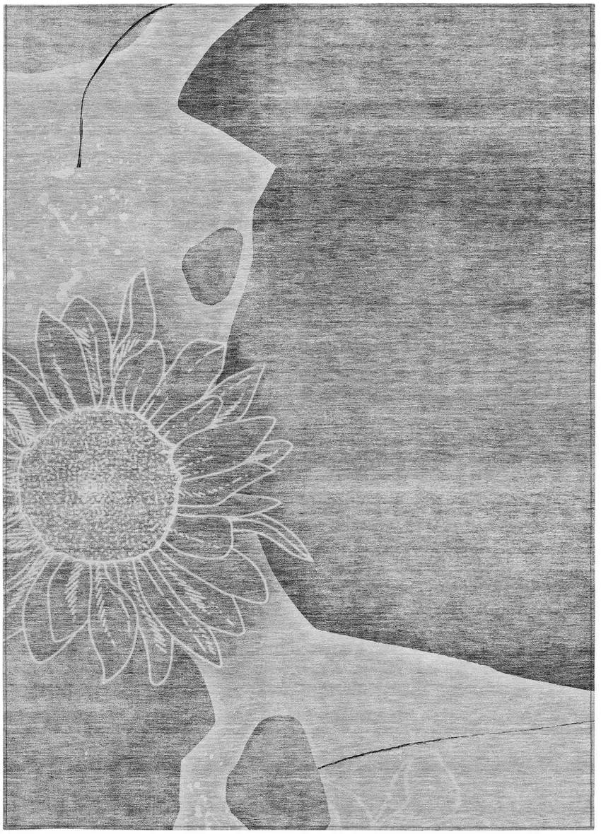 Gray Silver And Charcoal Floral Washable Indoor Outdoor Area Rug Photo 5