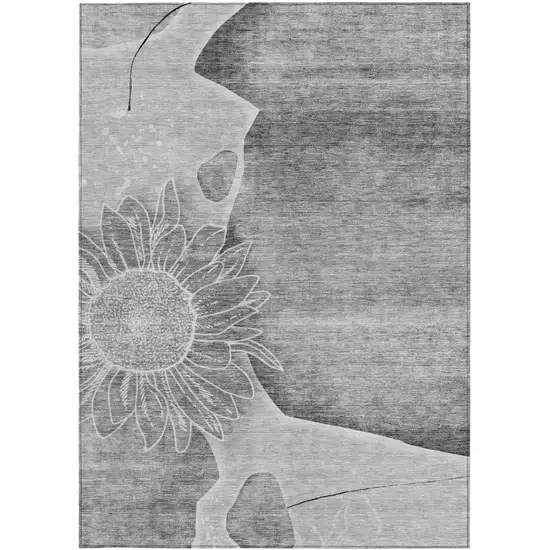 Gray Silver And Charcoal Floral Washable Indoor Outdoor Area Rug Photo 5