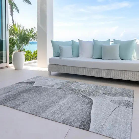 Gray Silver And Charcoal Floral Washable Indoor Outdoor Area Rug Photo 9