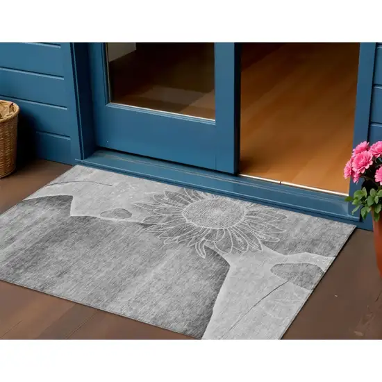 Gray Silver And Charcoal Floral Washable Indoor Outdoor Area Rug Photo 1