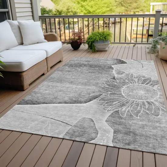 Gray Silver And Charcoal Floral Washable Indoor Outdoor Area Rug Photo 6