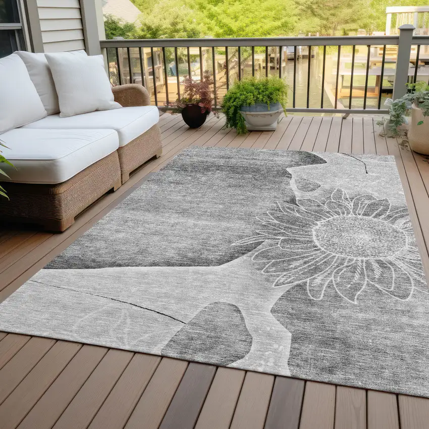 Gray Silver And Charcoal Floral Washable Indoor Outdoor Area Rug Photo 6