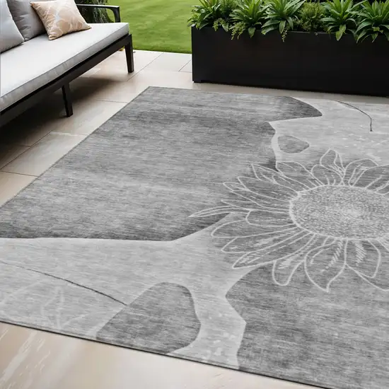 Gray Silver And Charcoal Floral Washable Indoor Outdoor Area Rug Photo 1