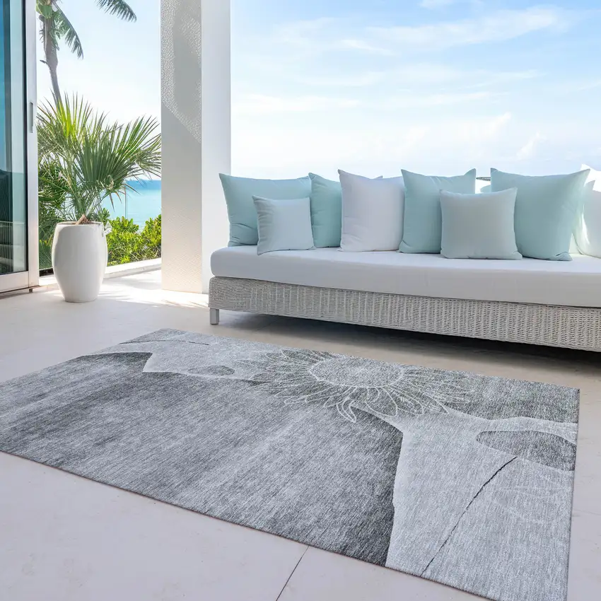 Gray Silver And Charcoal Floral Washable Indoor Outdoor Area Rug Photo 9