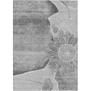 Photo of Gray Silver And Charcoal Floral Washable Indoor Outdoor Area Rug