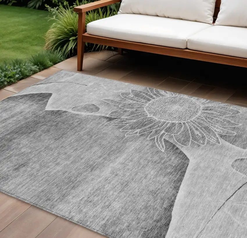 Gray Silver And Charcoal Floral Washable Indoor Outdoor Area Rug Photo 1
