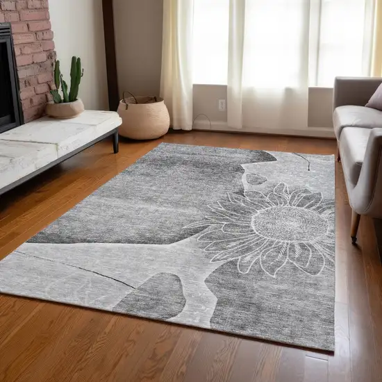 Gray Silver And Charcoal Floral Washable Indoor Outdoor Area Rug Photo 8
