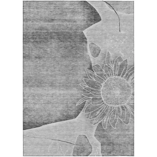 Gray Silver And Charcoal Floral Washable Indoor Outdoor Area Rug Photo 2