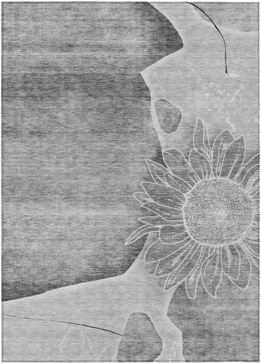Gray Silver And Charcoal Floral Washable Indoor Outdoor Area Rug Photo 2