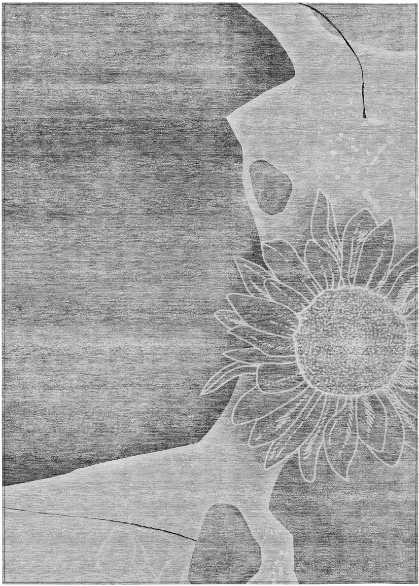 Gray Silver And Charcoal Floral Washable Indoor Outdoor Area Rug Photo 2