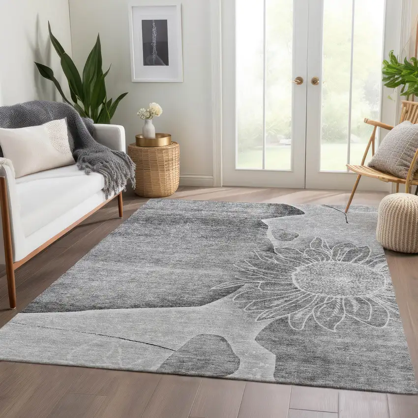 Gray Silver And Charcoal Floral Washable Indoor Outdoor Area Rug Photo 8
