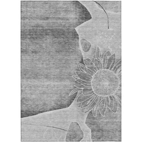 Gray Silver And Charcoal Floral Washable Indoor Outdoor Area Rug Photo 1