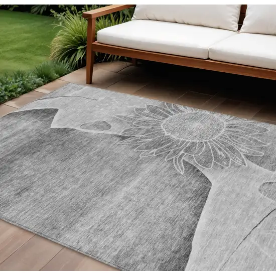 Gray Silver And Charcoal Floral Washable Indoor Outdoor Area Rug Photo 1