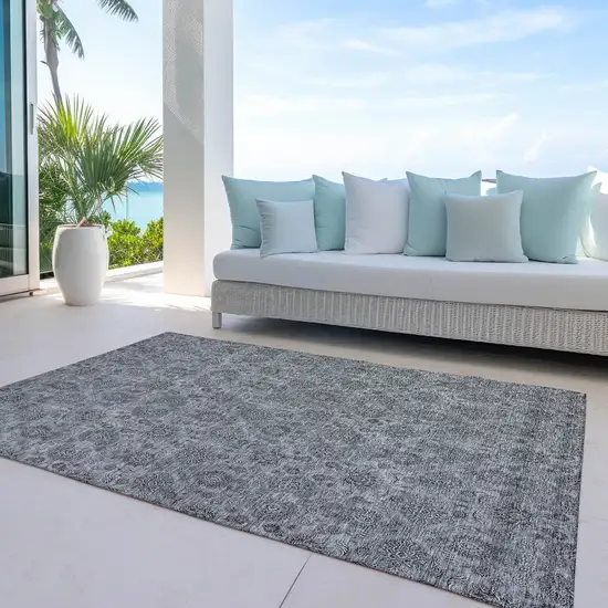 Gray Silver And Charcoal Floral Washable Indoor Outdoor Area Rug Photo 9
