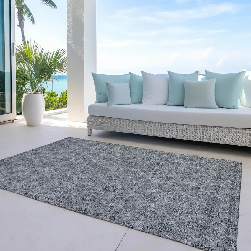 Gray Silver And Charcoal Floral Washable Indoor Outdoor Area Rug Photo 9