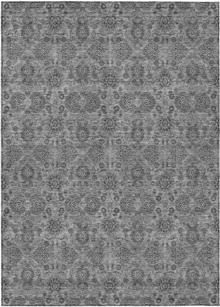 Gray Silver And Charcoal Floral Washable Indoor Outdoor Area Rug Photo 1