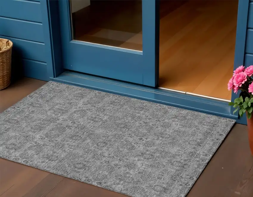 Gray Silver And Charcoal Floral Washable Indoor Outdoor Area Rug Photo 1