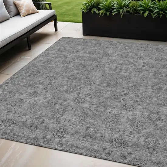 Gray Silver And Charcoal Floral Washable Indoor Outdoor Area Rug Photo 1