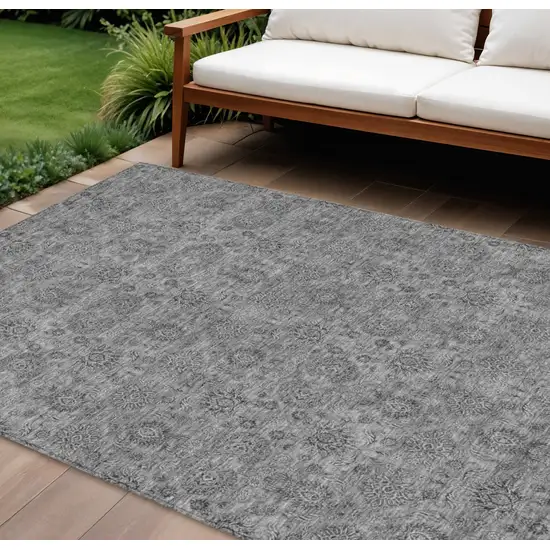 Gray Silver And Charcoal Floral Washable Indoor Outdoor Area Rug Photo 1