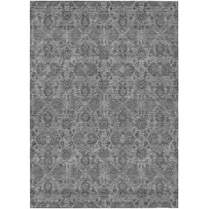 Photo of Gray Silver And Charcoal Floral Washable Indoor Outdoor Area Rug