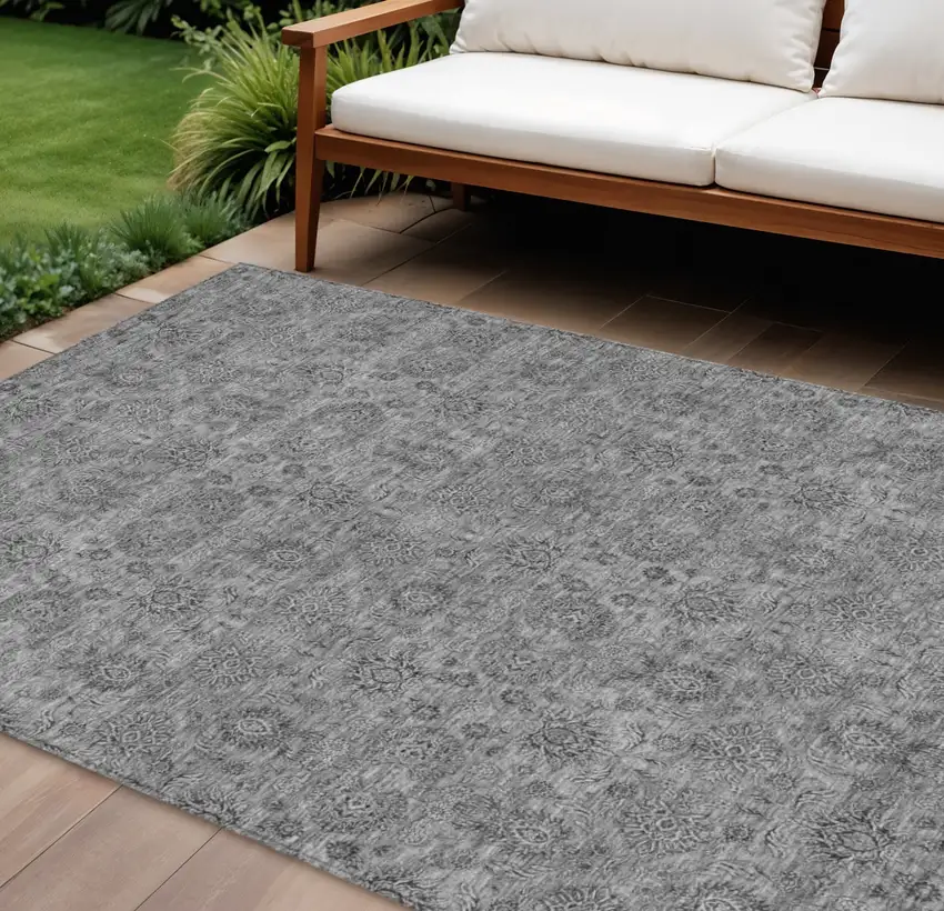 Gray Silver And Charcoal Floral Washable Indoor Outdoor Area Rug Photo 1