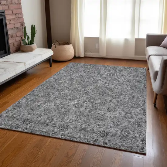Gray Silver And Charcoal Floral Washable Indoor Outdoor Area Rug Photo 8