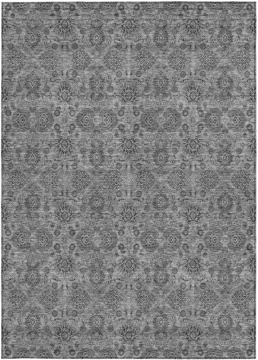 Gray Silver And Charcoal Floral Washable Indoor Outdoor Area Rug Photo 5