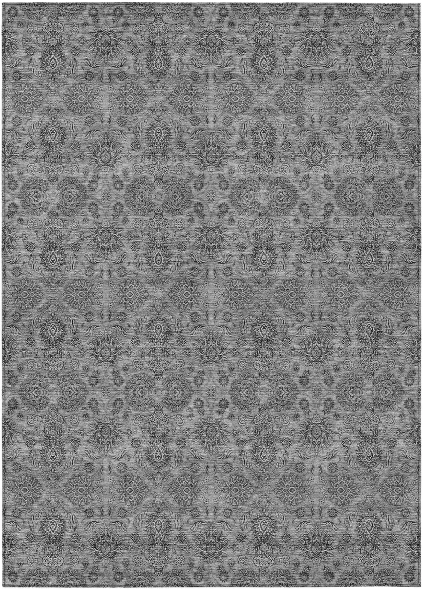 Gray Silver And Charcoal Floral Washable Indoor Outdoor Area Rug Photo 1